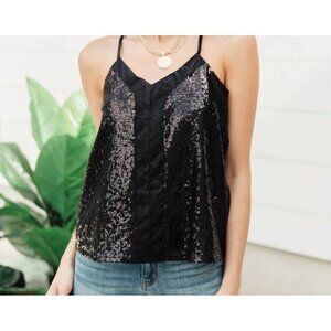 Andree by Unit Shine Bright Tank Womens Size Small in Black Sequins witchy goth